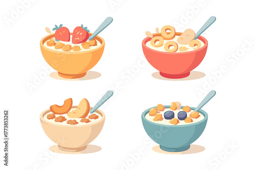 Four different breakfast cereal bowls topped with fresh fruit and served with milk