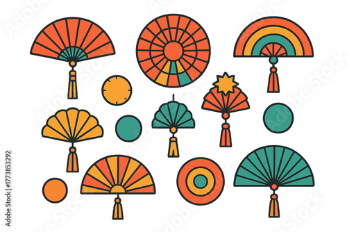Set of traditional Asian decorative fans and geometric elements with tassels