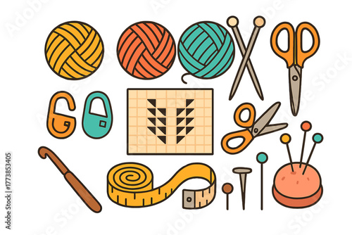 Colorful collection of knitting, crocheting, and sewing tools, accessories, and supplies