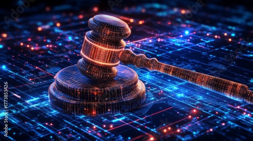 A virtual judge's gavel against a backdrop of digital circuits and light.
For topics related to digital law, technology, blockchain, and innovation in jurisprudence.