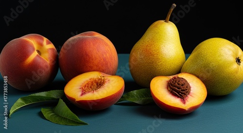 Freshly picked ripe peaches and pears, vibrant colors and smooth textures, perfect for healthy eating and summer refreshments ,natural ,autumn ,healthy lifestyle
