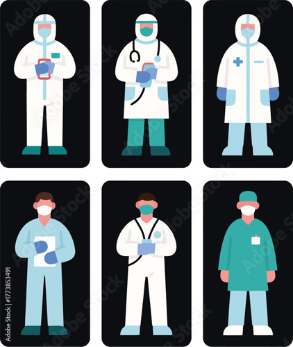 Illustrations of diverse healthcare professionals in various protective suits and scrubs showing