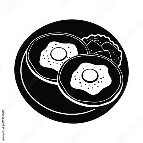 Black and white illustration of two fried eggs and salad on a plate food