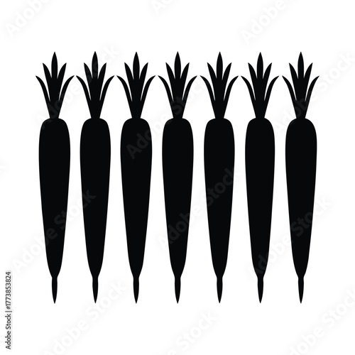 Seven black silhouette carrots with green tops on white background vegetable vegetables