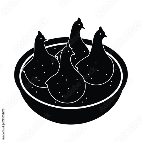 Four black silhouettes of chicken pieces in a round bowl food poultry