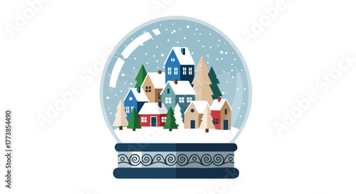 A charming illustration features a whimsical snow globe showcasing a quaint village scene with colorful houses, evergreen trees, and falling snowflakes, evoking a festive holiday spirit.