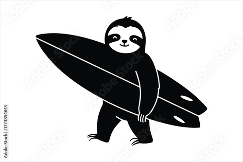 Sloth cartoon character illustration carrying a surfboard ready for surfing vacation leisure activity monochrome vector graphic design element icon on white.
