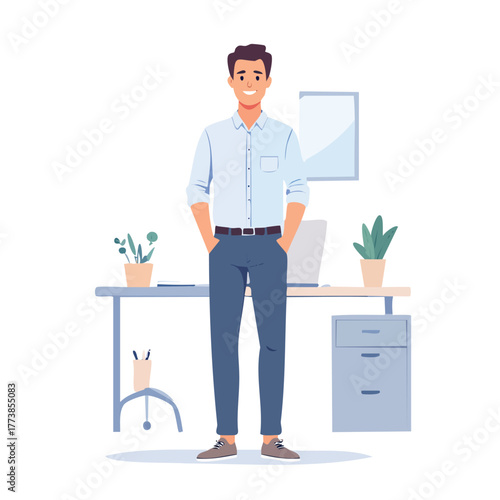 Businessman Standing at Office Smiling in Casual Business Clothes Vector Illustration