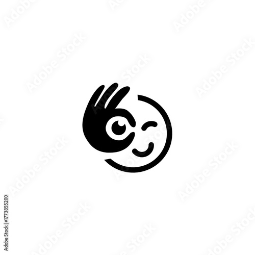 A fun, quirky logo combining a winking emoji face with a hand making an "OK" gesture over the eye. Conveys approval, quality, smart insight, and humor. Perfect for social or review apps.