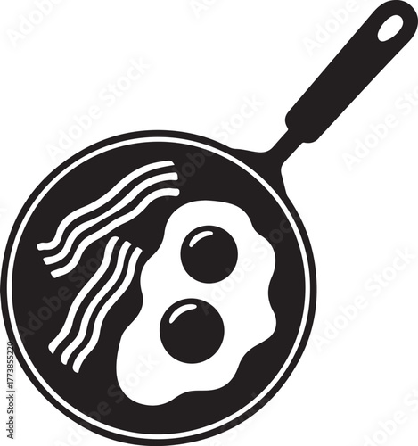Black and white icon of fried eggs and bacon in a frying pan