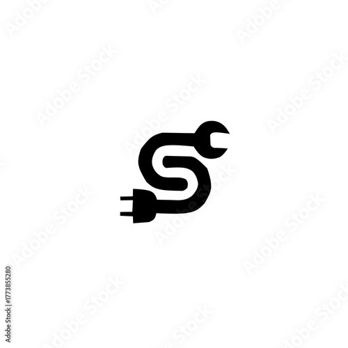 A clever, minimalist logo combining a stylized letter 'S' with a wrench and electrical plug. Perfect for repair, service, electrical, or automotive businesses. Smart and industrial.