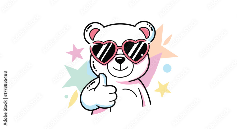 Fototapeta premium Adorable cartoon white bear wearing stylish heart-shaped pink sunglasses, giving a positive thumbs-up, set against a background of pastel stars and playful dots.