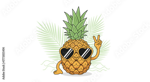 A fun cartoon pineapple with heart-shaped sunglasses makes a peace sign, radiating summer vacation vibes and coolness against a soft tropical leaf background.