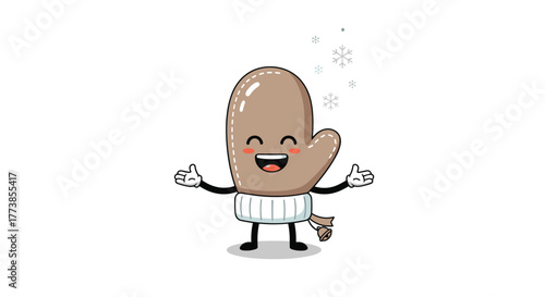 A cute, happy cartoon mitten with a joyful expression and arms open wide welcomes falling snowflakes, ready for winter fun and warmth.