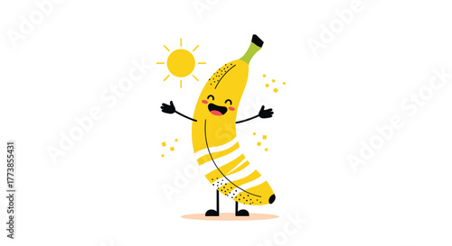 A cheerful cartoon banana character with a big smile and stick limbs, partially peeled, stands happily under a bright yellow sun with sparkling details on a clean white background.