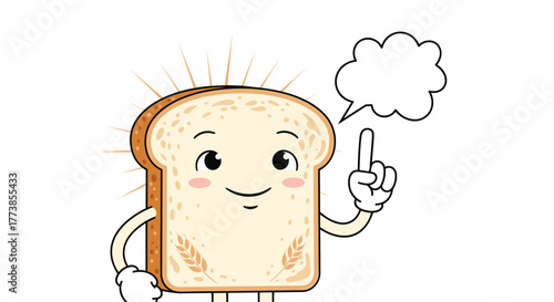 A cheerful animated slice of bread character with a happy face and rosy cheeks points upwards with a speech bubble, symbolizing a new idea or suggestion.