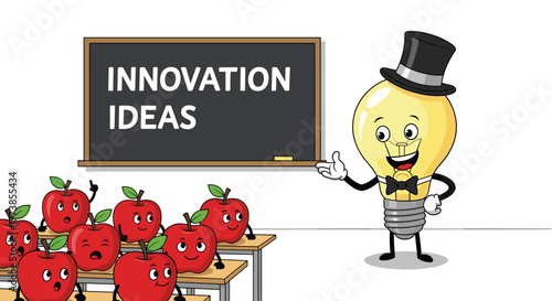 A smart lightbulb character, representing creativity and innovation, teaches a class of eager apple students about new ideas, with 'INNOVATION IDEAS' written on the blackboard.
