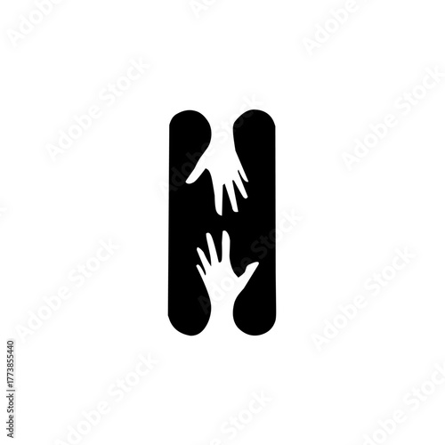 A minimalist vector logo featuring two hands reaching toward each other inside a bold vertical shape, symbolizing connection, unity, and mutual help in a modern style.