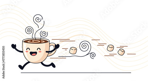 A cheerful, animated coffee cup character sprints with marshmallows trailing behind, conveying energy, warmth, and a playful morning boost.