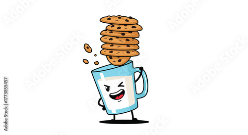 A cheerful cartoon milk mug balancing an impressive stack of chocolate chip cookies, with one cookie playfully falling and crumbs scattering, capturing a fun, dynamic moment.