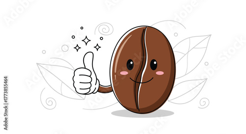 A cute and cheerful cartoon coffee bean character gives a thumbs-up, conveying approval and satisfaction, perfect for concepts related to good coffee and positive feedback.