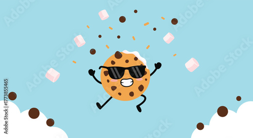 A cheerful and cool cartoon chocolate chip cookie character with sunglasses and frosting joyfully runs as marshmallows, chocolate chips, and sprinkles fall from a blue sky.