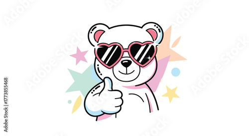 Adorable cartoon white bear wearing stylish heart-shaped pink sunglasses, giving a positive thumbs-up, set against a background of pastel stars and playful dots.
