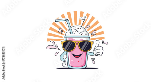 A cheerful anthropomorphic pink milkshake cartoon character wearing cool sunglasses, giving a thumbs-up, and surrounded by sun rays and splashes, evoking a refreshing summer vibe.
