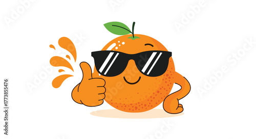 A cheerful cartoon orange character, sporting cool sunglasses, gives a confident thumbs-up gesture, surrounded by refreshing juice splashes, embodying freshness and approval.