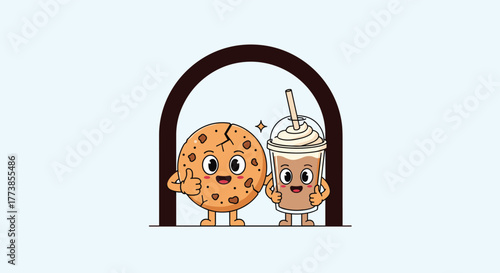 Cheerful cartoon cookie and iced coffee characters, both giving thumbs up, are perfectly framed within a dark brown arch on a light blue background.