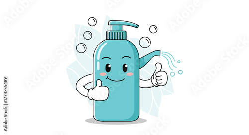 A cheerful cartoon liquid soap dispenser character with a pump, featuring a happy face, rosy cheeks, two thumbs-up gestures, and dispensing liquid with bubbles.
