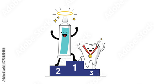 Happy cartoon toothpaste and a sparkling tooth celebrate their success on a winner's podium, representing achievement in oral hygiene.