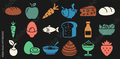 Solid filled food icon set featuring apple carrot bread cheese fish egg milk bottle and salad bowl on a black background