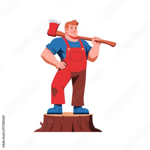 Woodsman with Axe Standing on Tree Stump Ready for Work