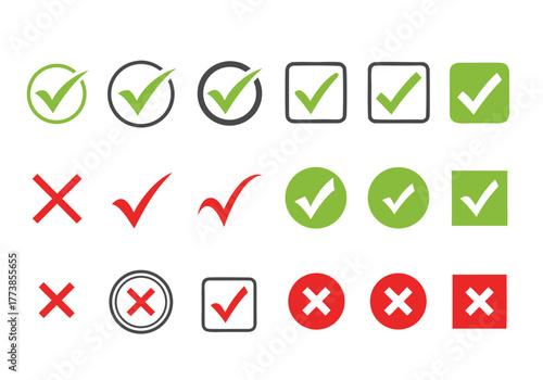 Set of green checkmarks and red crosses, confirming and denying options