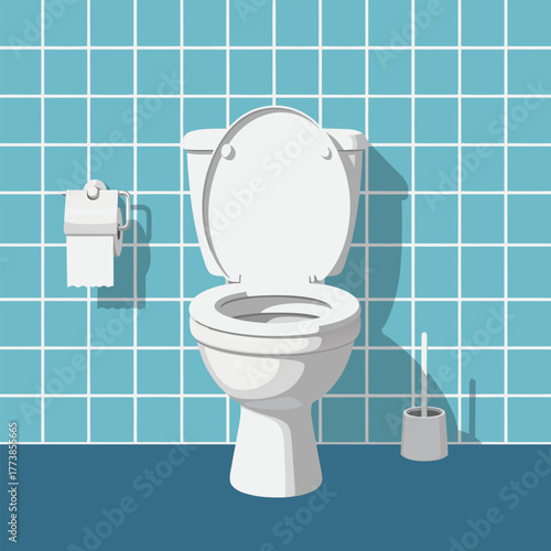 Flat design illustration of a clean white toilet with a roll of toilet paper and brush