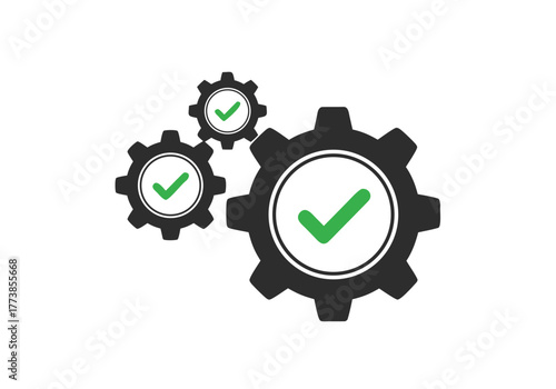 Engineering gear mechanism with green checkmark icons symbolizing success and efficiency