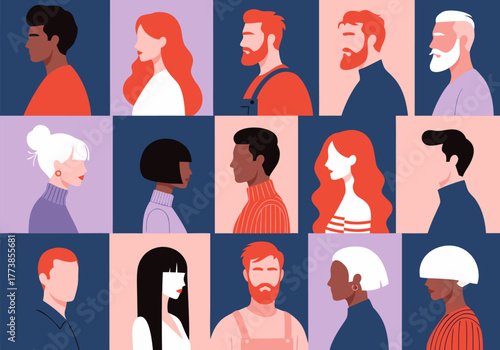 Diverse group of men and women in profile, representing community and diversity