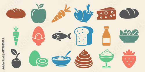 Solid filled food icon set featuring apple carrot bread cheese fish egg milk bottle and salad bowl with multiple color variations
