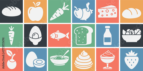 Versatile solid food icon set featuring apple carrot bread cheese fish egg milk bottle and salad bowl in multiple color variations for culinary and health related designs