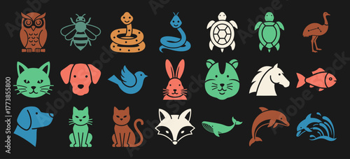 Charming solid filled animal tattoo icon set featuring cats dogs foxes whales dolphins owls snakes turtles and bees in multiple color variations on a black background