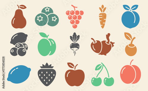 Collection of solid filled garden fruit icons including apple strawberry lemon cherry blueberry peach pear and grape in multiple dark color variations