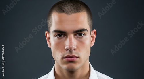 Young Man with Short Hair and Serious Expression