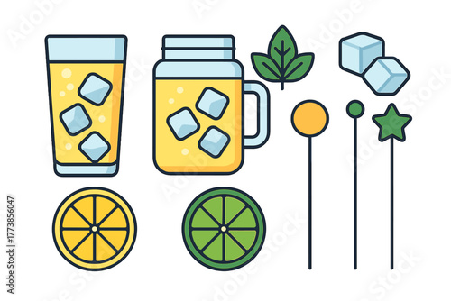 Refreshing summer drink elements including glasses, citrus slices, ice, and mint leaf set