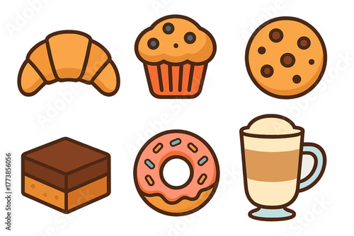 Assortment of popular sweet pastries and baked goods icons with coffee beverage