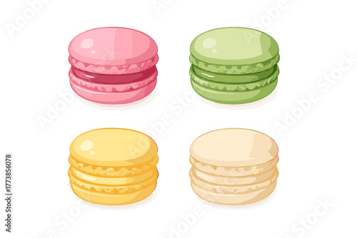Colorful French macarons set in pink green yellow and cream isolated on white