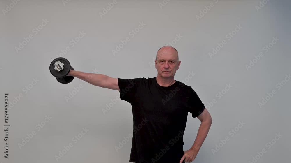 Old man in sportwear practice some exercice with dumbbell