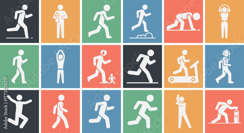 Comprehensive collection of solid filled runner activity icons featuring multiple color variations for diverse design applications