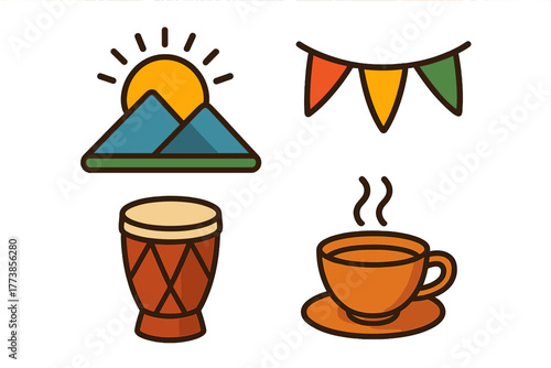 Set of four colorful icons depicting travel, celebration, music, and hot beverages