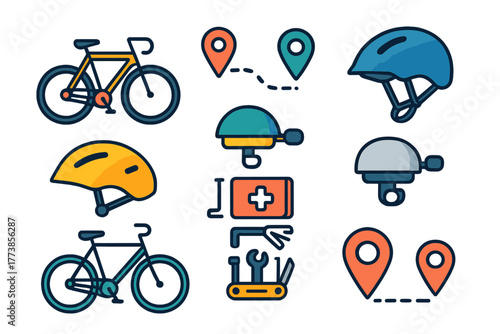 Bicycle, helmet, bell, first aid kit, and repair tool icons for cycling safety and navigation